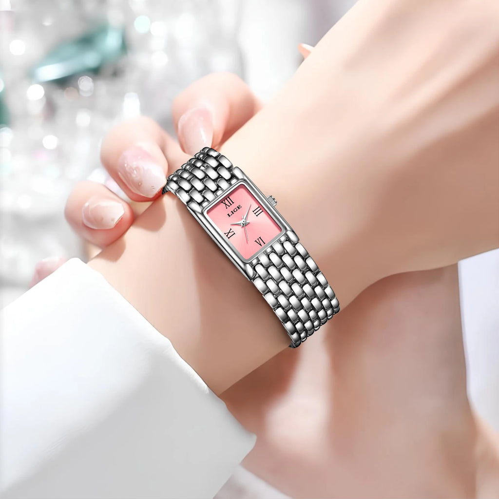 LIGE Luxury Women Watches Fashion Rectangle Woman Quartz Watch Stainless Steel Band Wristwatches Reloj Mujer+Box