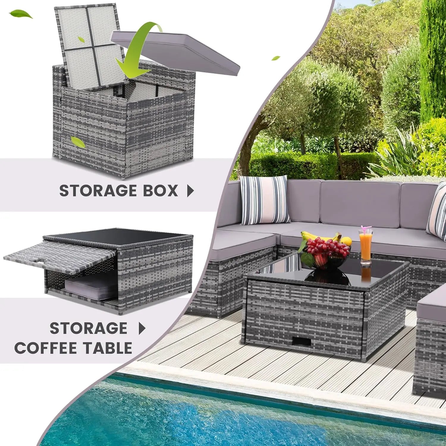 8 Piece Outdoor Wicker Patio Furniture Sectional Set, Glass Top Table with Hidden Storage, Grey Rattan with Light Grey Cushions