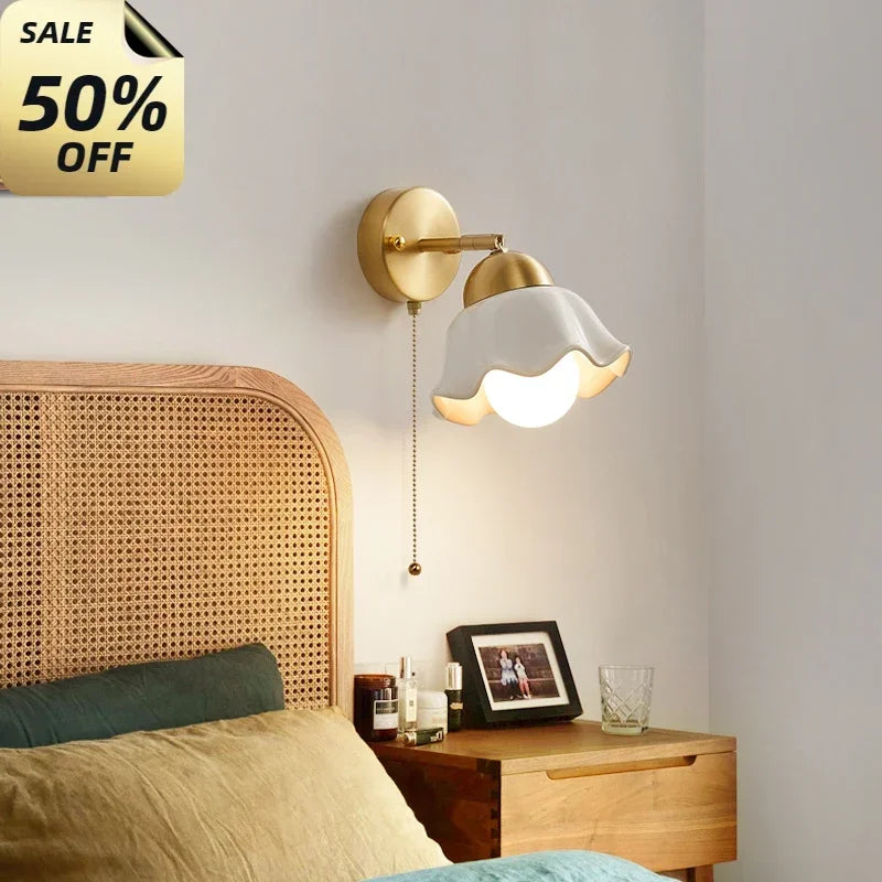 2025Pull Chain Switch LED Wall Light Fixture Reading Dining Room Porch Nordic Copper Simple Art Bedside Lamp Lamparas De Pared