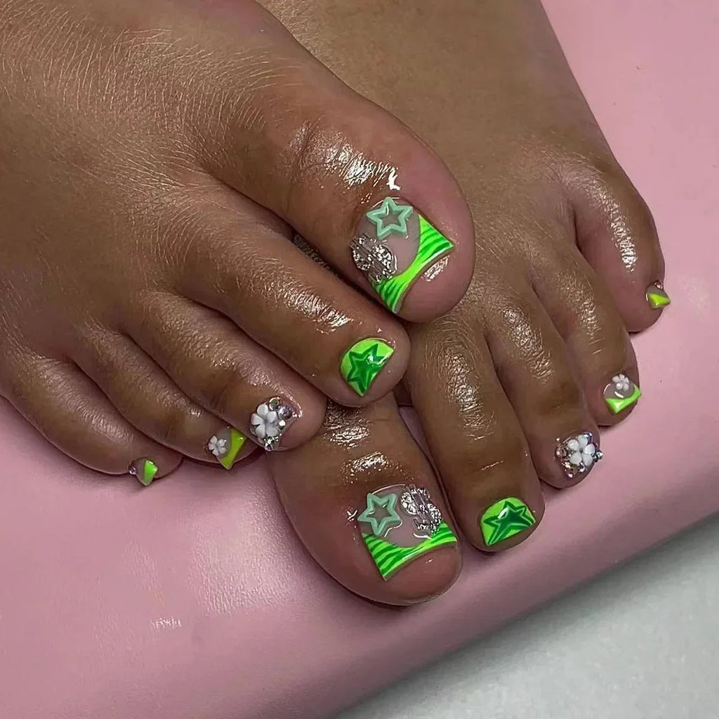 24pcs Summer Fake Toenail Patch with Star Rhinestone Design False Toe Nail Full Cover Wearable Green French Press on Toenails