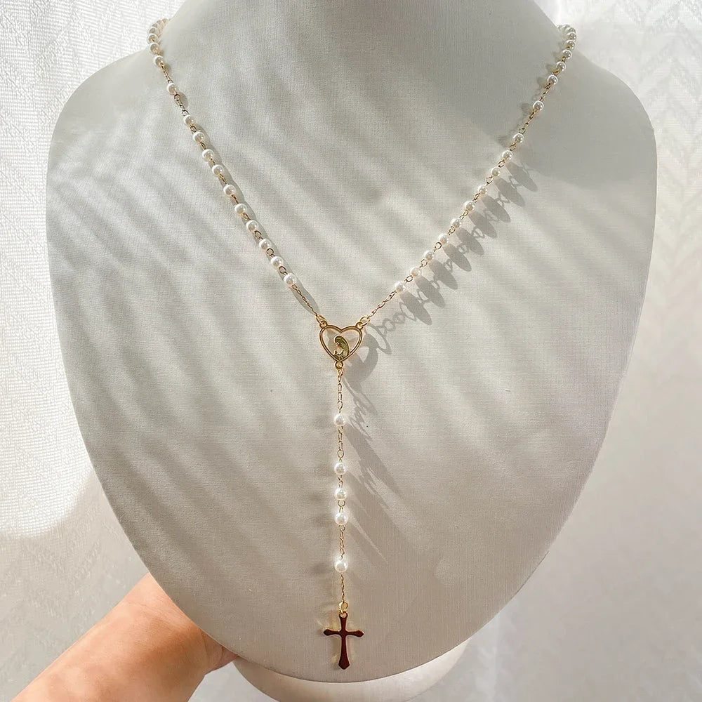 Y Shape Beads Chain Gold Color Stainless Steel Virgin Mary Cross Rosary Pendant Long Necklace Women Girls Jewelry Spiriti Pray