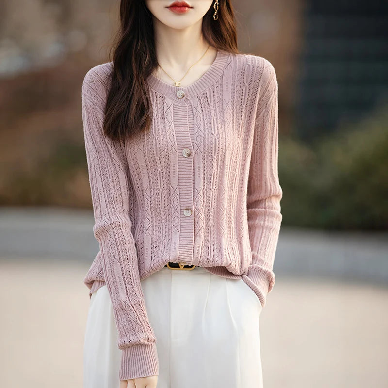 Women's Sweater Spring/Summer New 100% Cotton Coat Female O-Neck Knitted Cardigan Fashion Slim Top Clothing Long Sleeved Solid