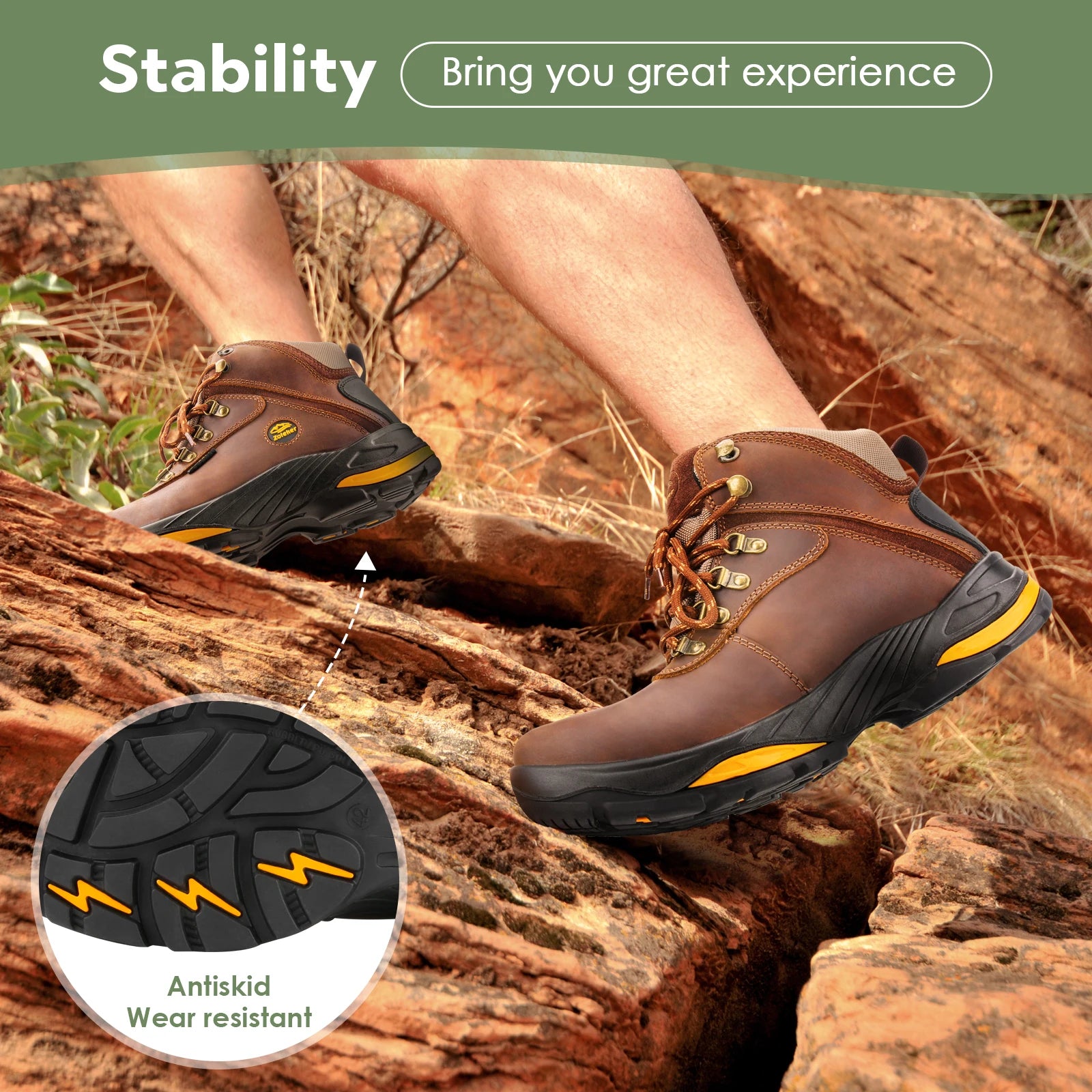 Zoleker Hike Boots for Men,Soft Toe, Slip Resistant Safety Shoes, Waterproof Anti-Fatigue Brown