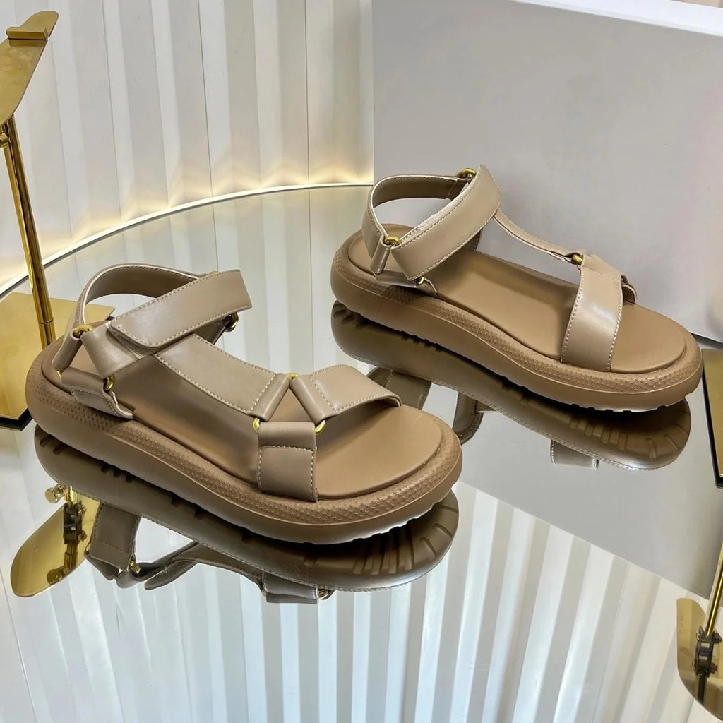 2025 New Arrival Summer Genuine Leather Open-Toe Thick Sole Woman Gladiator Sandals Magic Tape Beach Shoes Handmade Botas Mujer