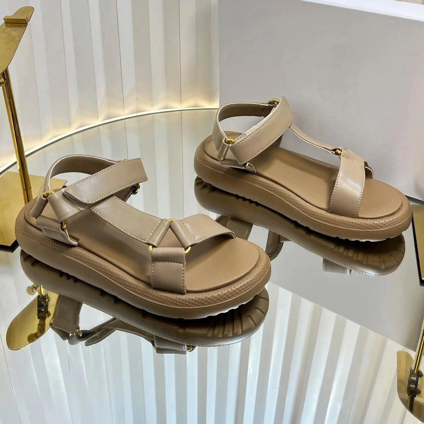 2025 New Arrival Summer Genuine Leather Open-Toe Thick Sole Woman Gladiator Sandals Magic Tape Beach Shoes Handmade Botas Mujer