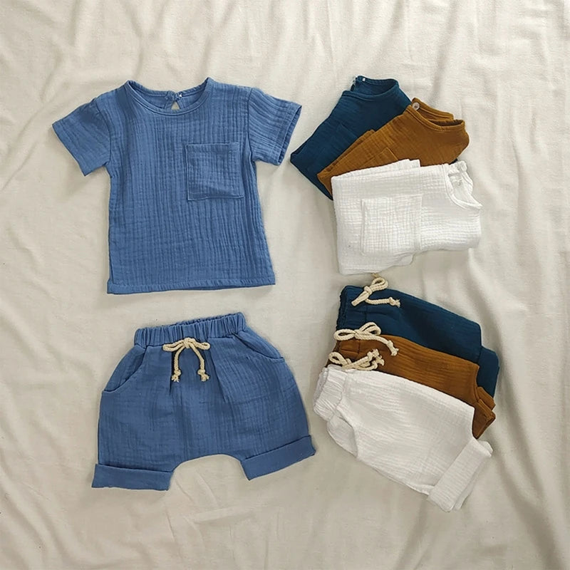 Baby Girls Boys Outfit Suit Cotton Linen Children Clothes Set Toddler Solid Casual T-shirt Kids Tops Summer Shorts Pants