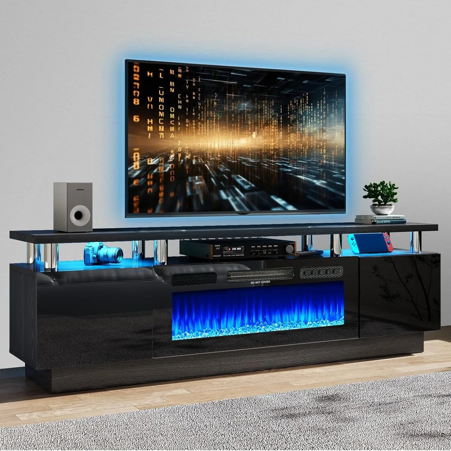 70 inch modern electric fireplace TV stand, suitable for TVs under 80 inches, with electronic flame and LED lights, black