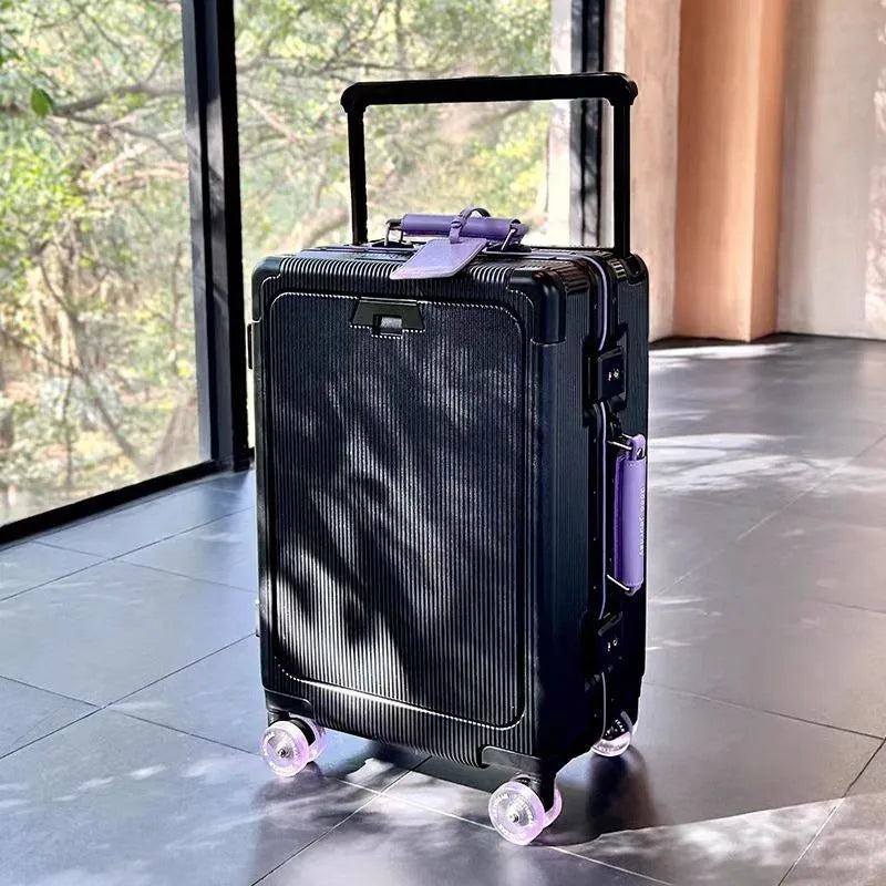 Front Opening Pocket Rolling Luggage Aluminum Frame Wide Handle Trolley Suitcase with Upgrade Silent Wheel USB Charging Plug TSA