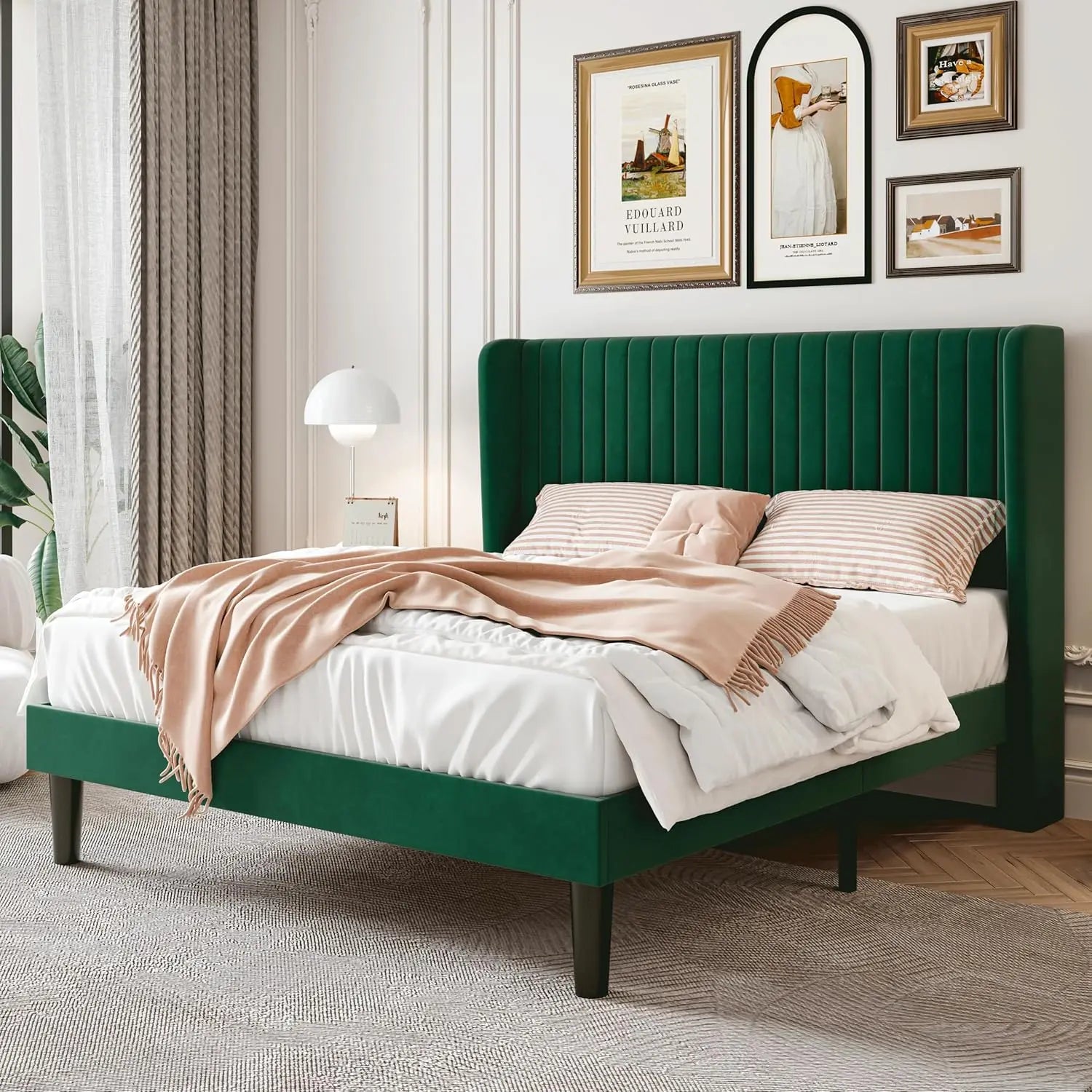 Bed Frame, Full-king Size Velvet Bed Frame with Vertical Channel Tufted Wingback Headboard, No Box Spring Needed, Easy Assembly