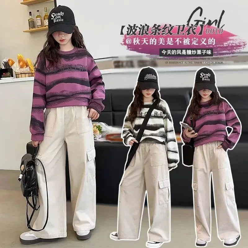 2025 autumn spring Girls clothes Sweatshirt Kids teens dress top Child striped letters hooded tracksuit 4 6 7 8 9 10 11 12 year