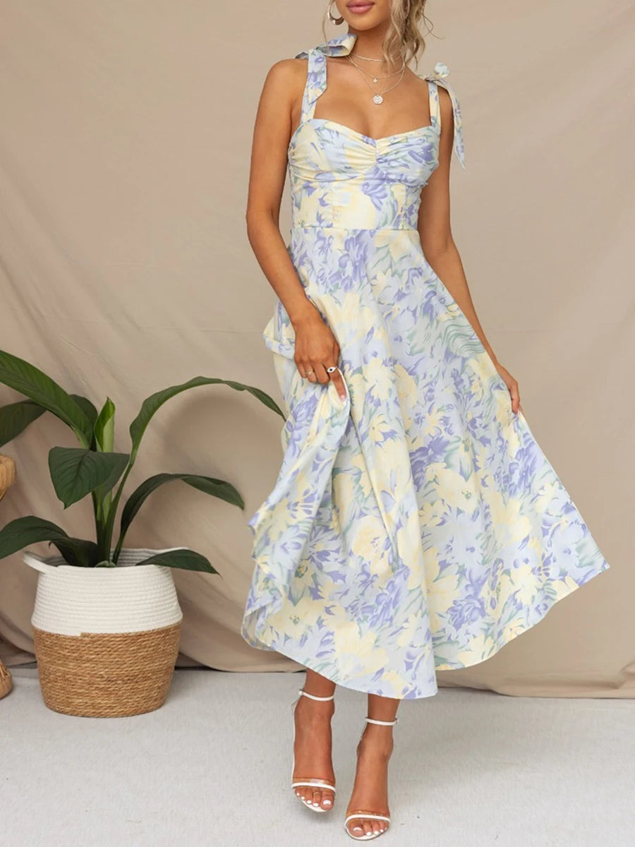 Women Sling Dress Sleeveless Low-cut Tie-up Flower Print Summer Long Dress for Cocktail Party