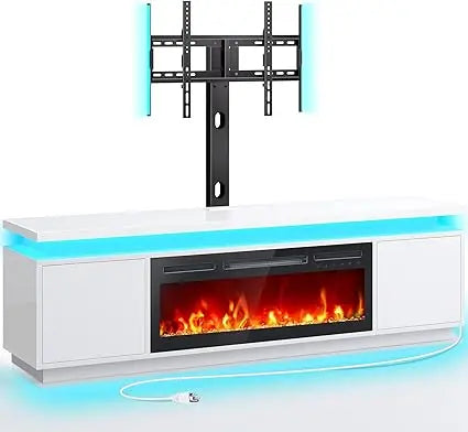 Fireplace TV Stand with Led Lights and Power Outlets, TV Stand Mount with 36" Electric Fireplace, White Entertainment Center fo