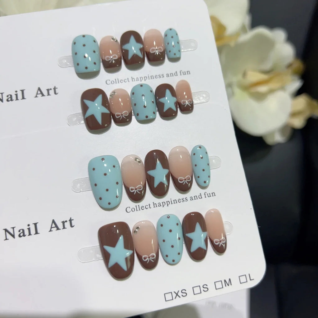 10pcs Handmade French Short Press On Nails Blue Brown Polka Dot Bow Star Design Fake Nail Wearable Nail Art Tips for Girls