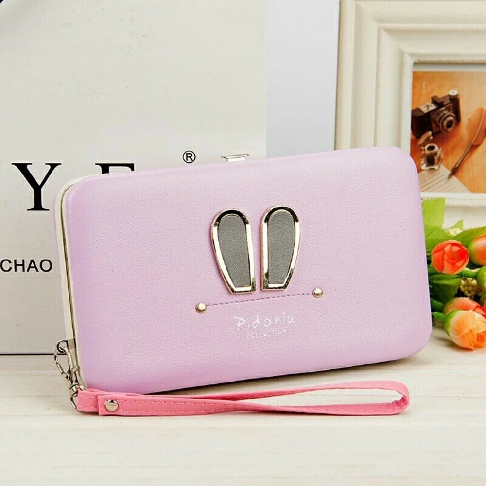 Cartoon Rabbit Ears Women's Cell Phone Box Wallet Credit Card Holder Purse with Wristlet Handbag