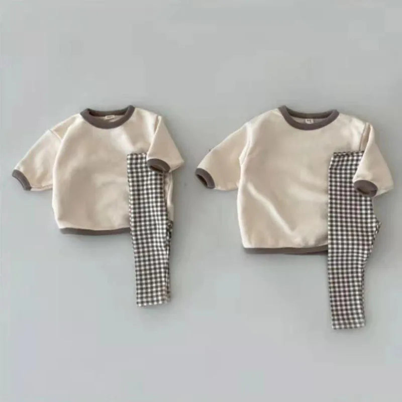 Autumn New Baby Long Sleeve Clothes Set Infant Solid Casual Sweatshirt Set Boys Girls Plaid Pants Outfits Children 2pcs Suit