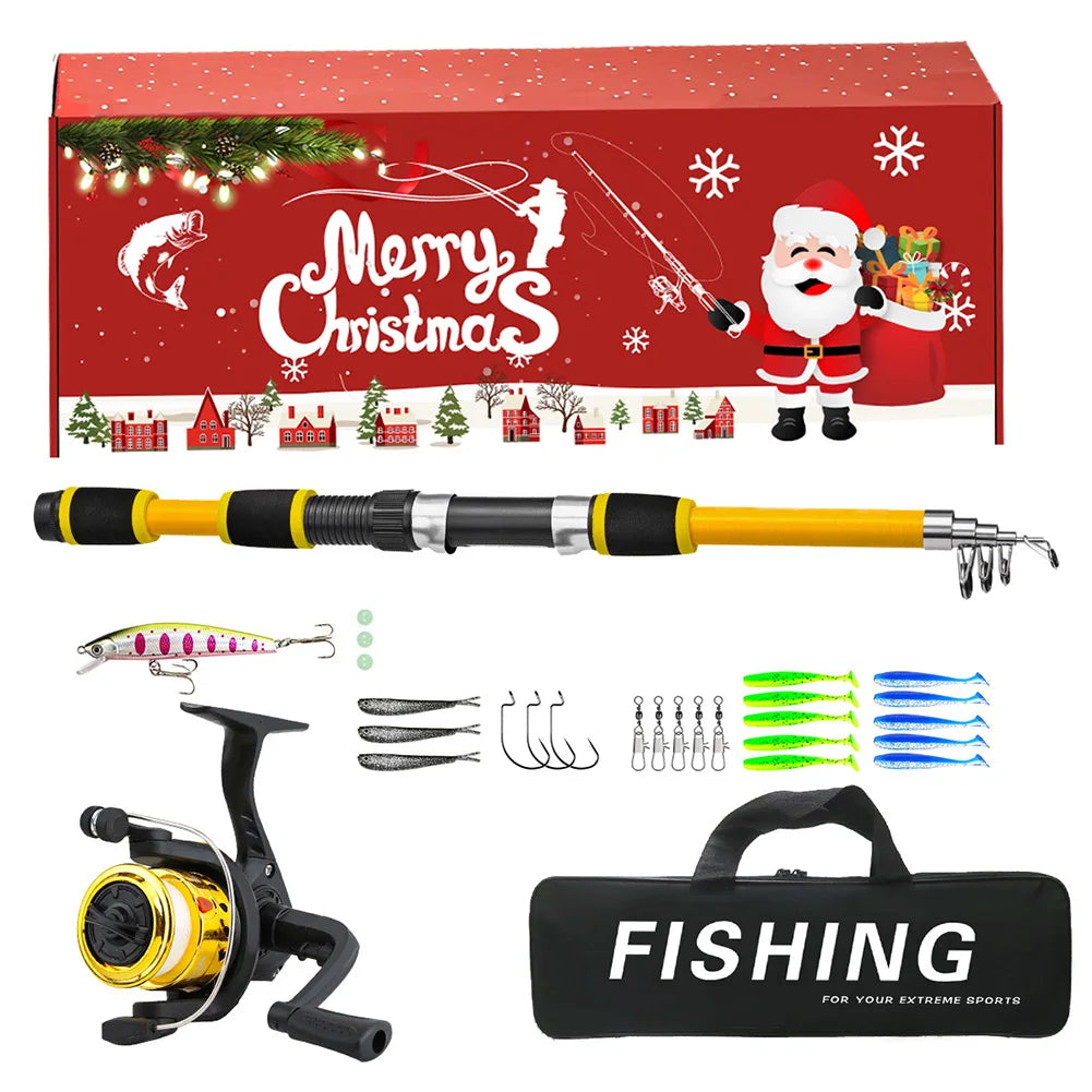 Fishing Pole Set Full Kits with Telescopic Fishing Rod and Spinning Reel Fishing Lures Hooks Travel Pole Set Xmas Gifts for Men