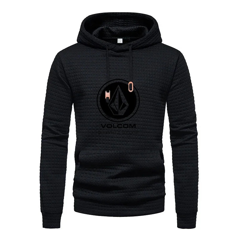 Autumn and winter, casual sportswear, men's checkered design pockets and shoelaces, waffle embossed hooded sweater