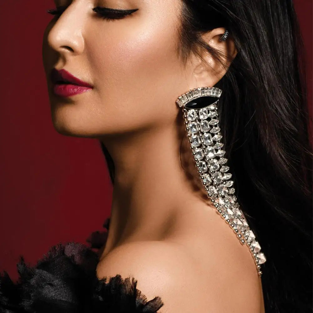 Stonefans Fashion Long Tassel Earrings Women Luxury Ear Accessoreis Exaggerated Geometric Rhinestone Dangle Earring Party Gift