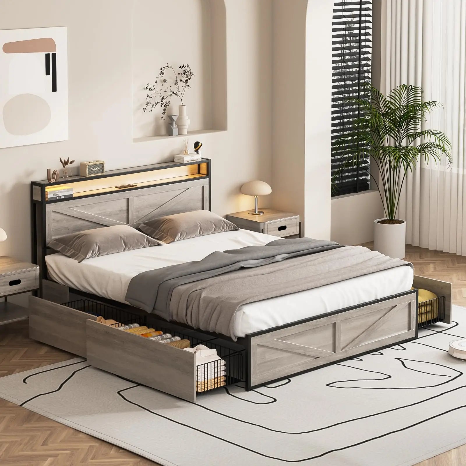 Vabches Queen Size Bed Frame with Headboard&4 Storage Drawers Metal Platform Bed Frame with LED Lights&Power Outlet for Bedroom