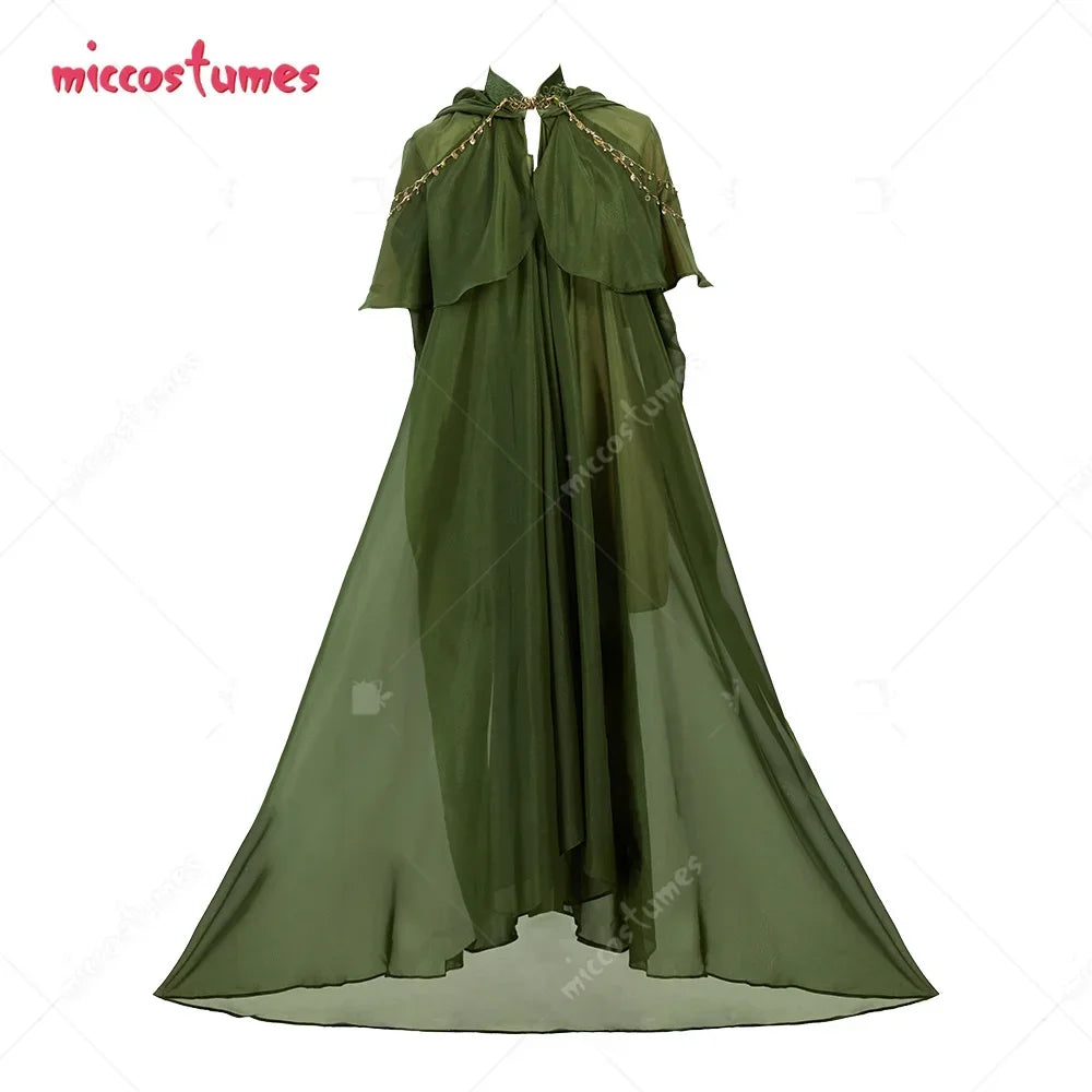 Women's Medieval Elegant Princess Elf Cosplay Costume Cloak Embroidered Satin Collar Green Cape with Hood Costume Party Dress