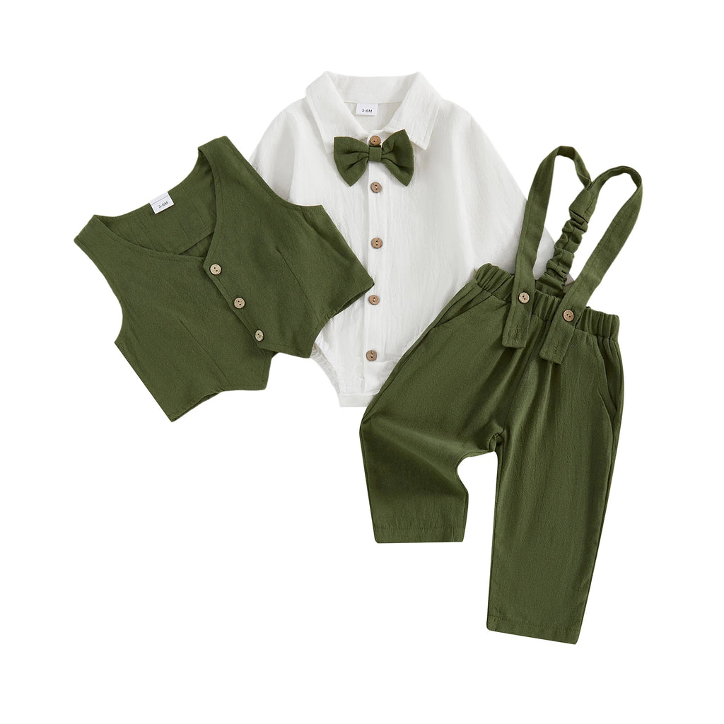 Toddler Boys Winter 4Pcs Outfit Set Long Sleeve Lapel Button Shirt Vest Suspender Pants Bowtie Sets Warm Clothes