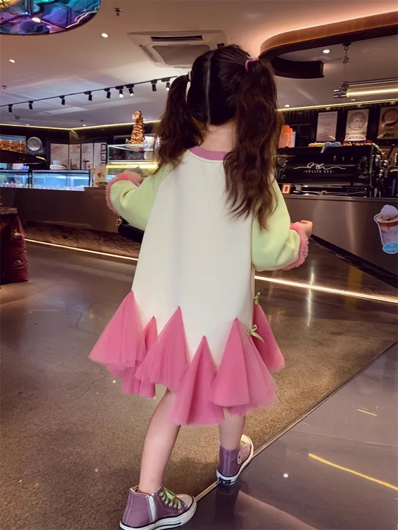 Girl's Fall/Winter Sweatshirt Long Sleeve Princess Elsa Snow White Cartoon Print Tulle Skirt Casual Hoodie Dress 2-12 Years Old