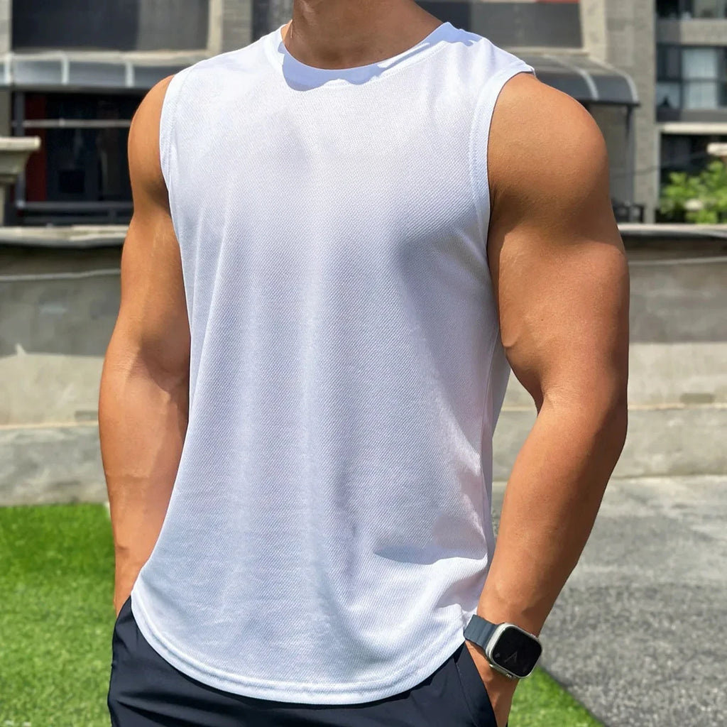 Summer New Trend Men's Pullover Round Neck Mesh Bottom Shirt Sports Fitness Swimming Running Shirt Sleeveless Vest Quick  Dry