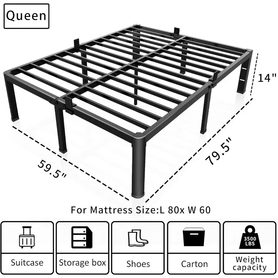 14 inch Metal Queen Bed Frame with Rounded Corner and Headboard Hole Mattress Retainers 3500LBS Heavy Duty Steel Slats No Box S