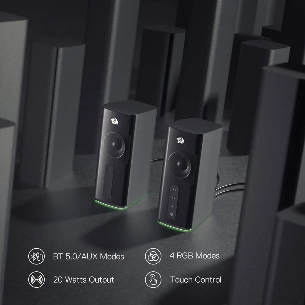 Redragon GS814 Stereo Desktop Speaker, 20W Output, 4 Real Units, BT 5.0/3.5mm AUX, Enhanced Bass, Touch-Control, Dynamic RGB