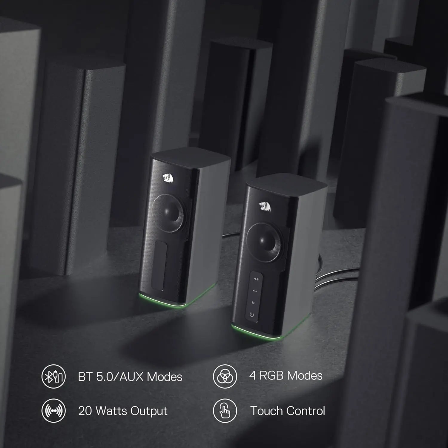 Redragon GS814 Stereo Desktop Speaker, 20W Output, 4 Real Units, BT 5.0/3.5mm AUX, Enhanced Bass, Touch-Control, Dynamic RGB