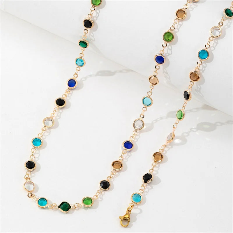 Bohemian Colorful Glass Long Y-Shaped Necklace Metal Collarbone Chain Gold Silver Color Summer Holiday Party Body Jewelry Gifts