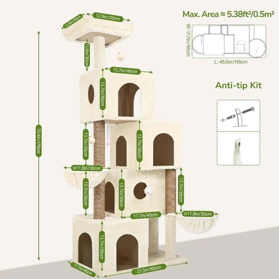 Large 70inch Tall Cat Tree Condo Tower with 4 Spacious Cat Condo Houses 3 Sisal Scratching Posts 2 Adjustable Hanging Baskets f