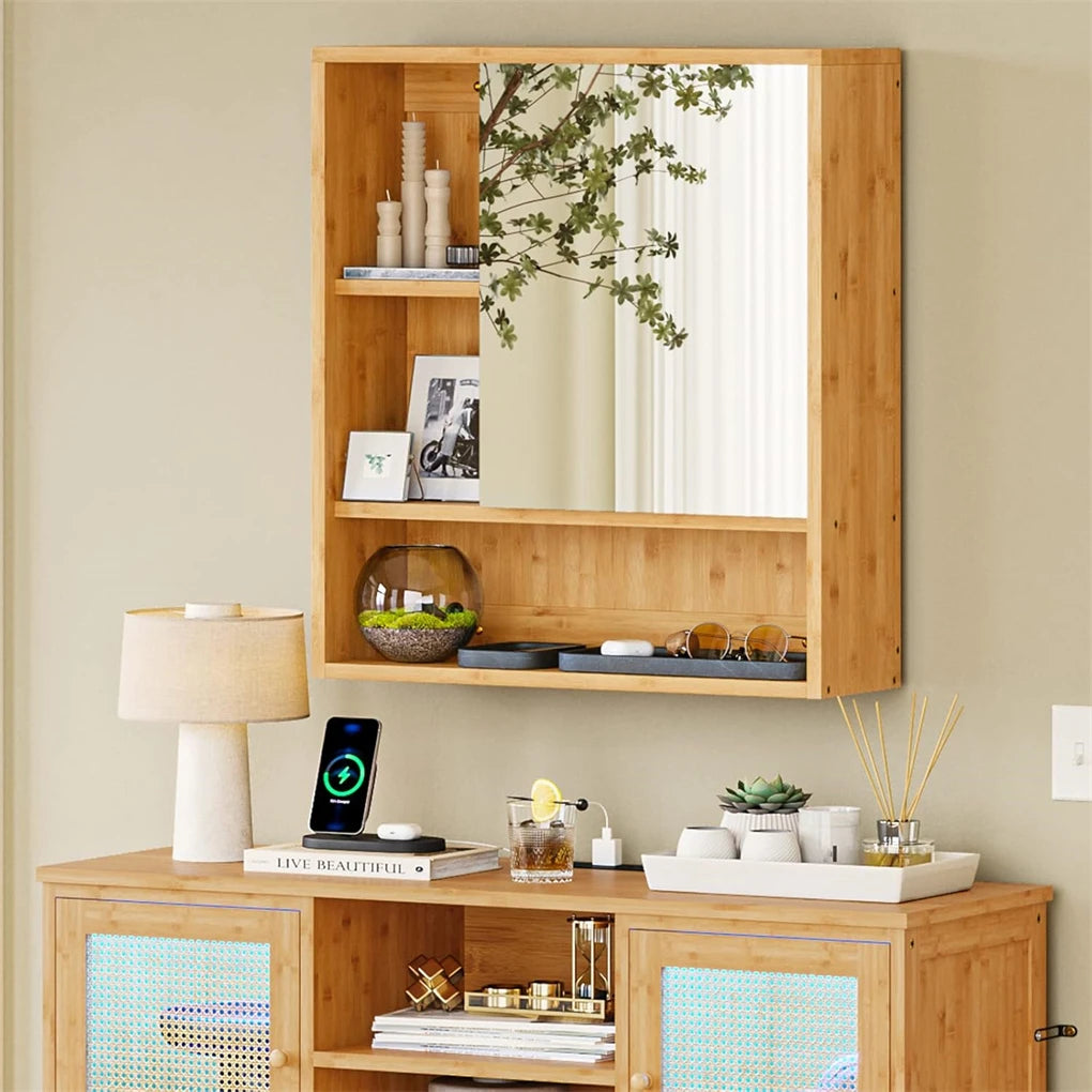 Medicine Cabinet with Mirror: Natural Bamboo Bathroom Vanity Mirror Cabinet Wall Mounted Cupboard with Storage Shelves for Bedro