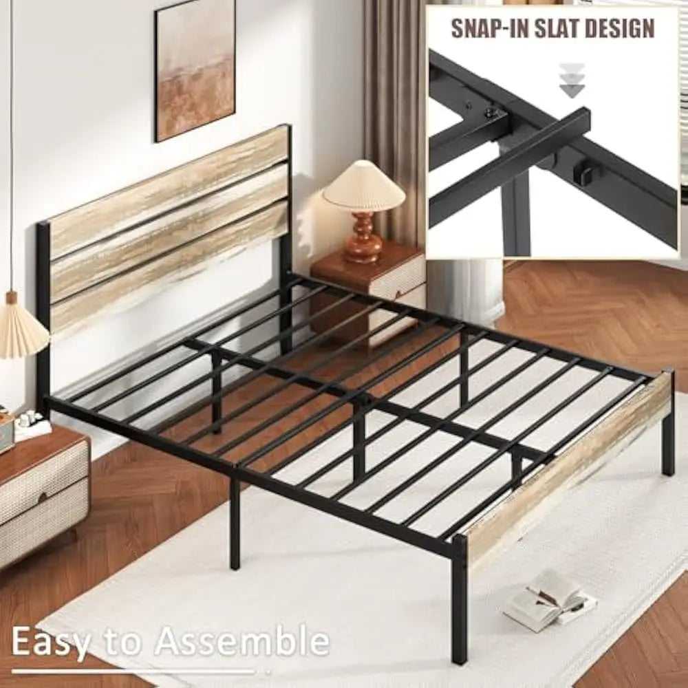 14 Inch Queen Size Bed Frame w/Wood Headboard and Foot board, Platform Mattress Foundation, No Box Spring Needed, Easy Assembly