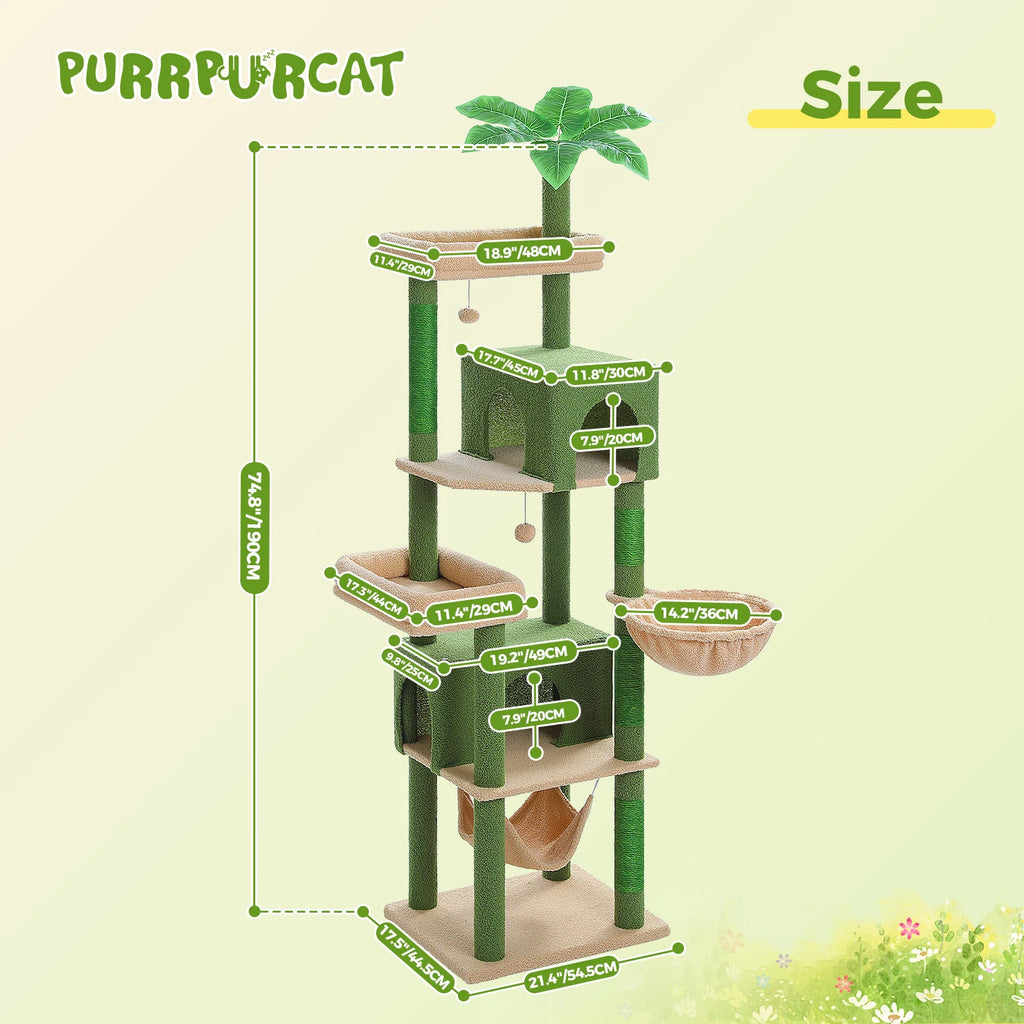 190cm Large Cat Tree 6-Level Cat Tower with 2 Big Perches,Cozy Hammocks,Natural Sisal Rope,2 Cat Condo,Pompoms for Indoor Cats