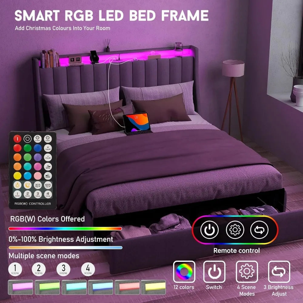 Queen Bed Frame with Headboard and 2 Storage Drawers, Platform Bed Frame Queen Size Upholstered with LED Lights and Charging Sta