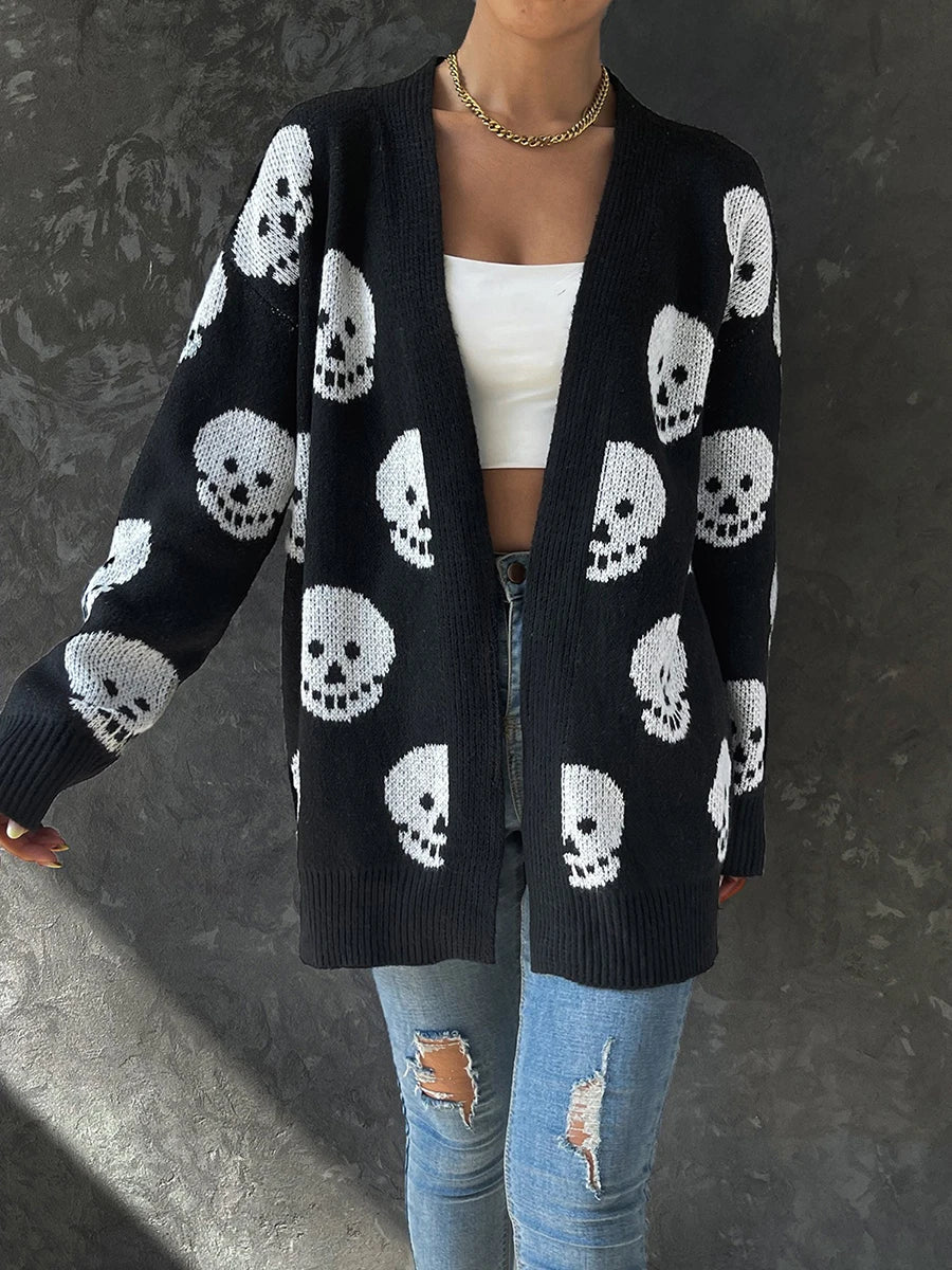 Women s Halloween Casual Knit Cardigan Long Sleeve Open Front Skull Print Knitwear Sweater