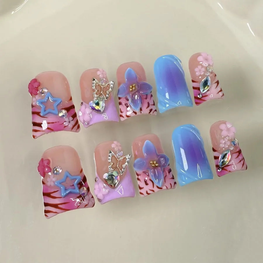 Thick Press on Nails Handmade Medium Duck Nails Pink Fake Nails 3D Flower Art False Nail with Gems Design Luxury Rhinestone Nat