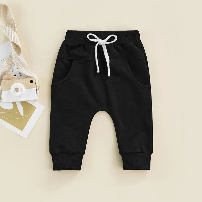 Newborn Boys Girls Casual Trousers Elastic Waist Adjustable Drawstring Plain Leisure Style Loose Fit Long Pants Sweatpants