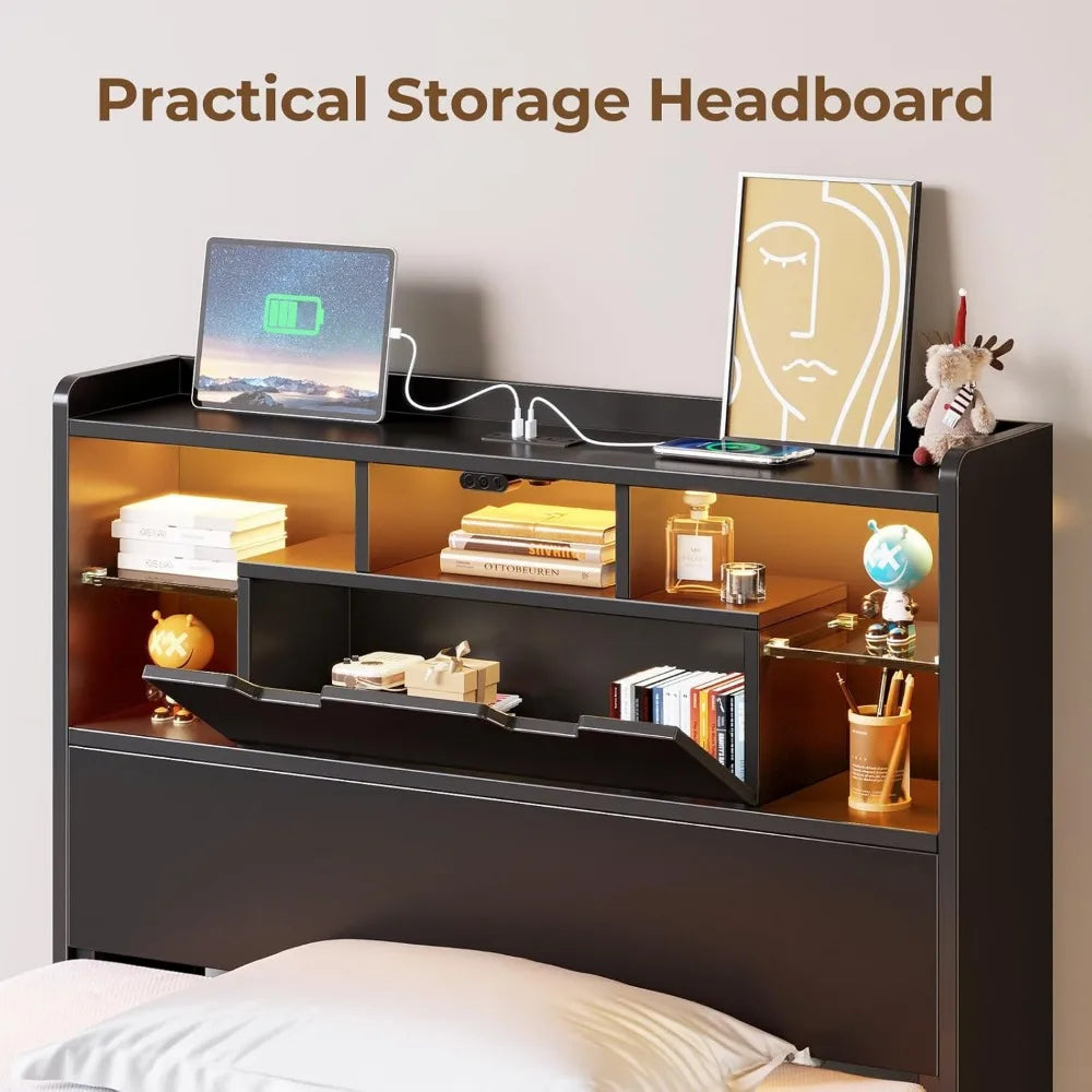 rolanstar twin bed frame with headboard, led bed with bookcase storage and charging station, metal platform bed with glass shelv