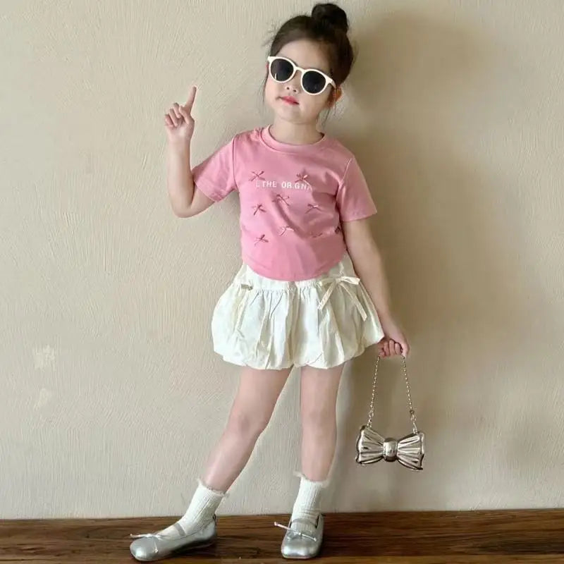 Baby Clothes Set Girls Bow Blouse Suit Children Sweet Top Bud Skirt 2 Pieces Summer New Fashion Short-Sleeved T-Shirt Outfit