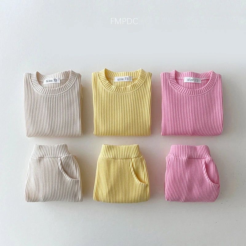 Baby Girls Clothes Autumn Cotton Kintting Clothing Sets Mock 2PCS Waffle Cotton Kids BoysSets Tracksuit Tops+Pants Korean