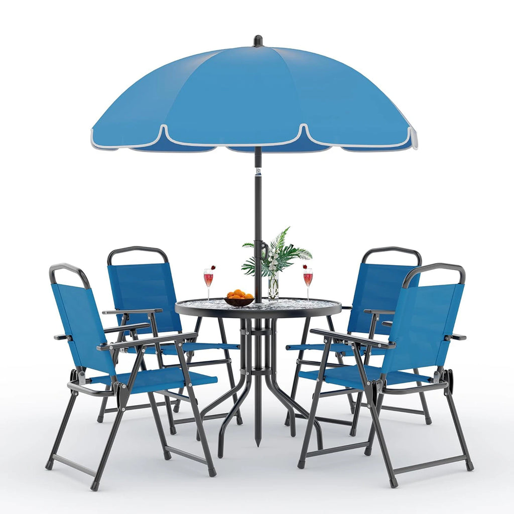 6 Piece Patio Dining Set for 4 with Umbrella, Outdoor Table and Chairs with 4 Folding Dining Chairs & Round Glass Table