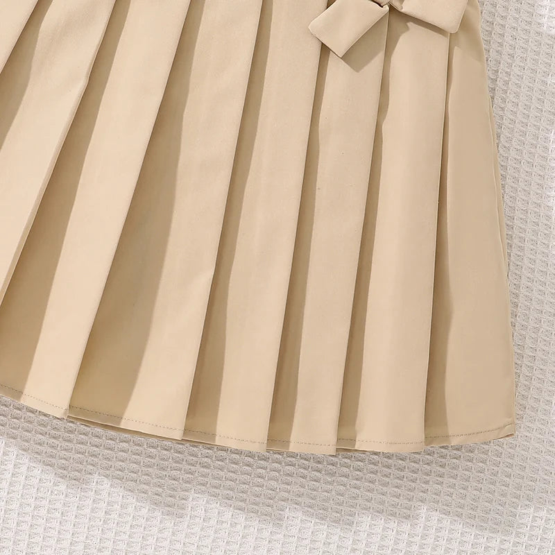 Kids Clothing Sets For Girls 8-12 Years Adorable V-neck Puff-sleeve T-shirt & Bow-knot Pleated Skirt 2 Pieces Set Summer Outfit