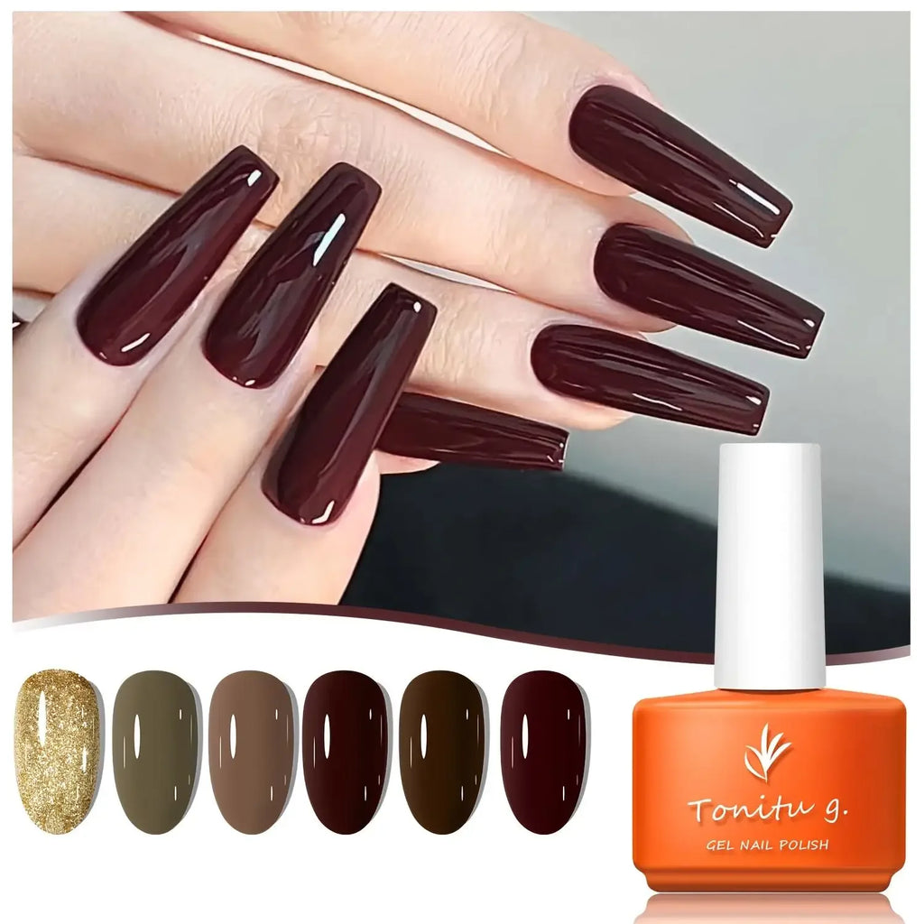 Gel Nail Polish Set 6 Colors, Glitter Golden, Silvery, Macaron, Red, Gel Set, Soak Off UV/LED,  for Salon Manicure and Home DIY