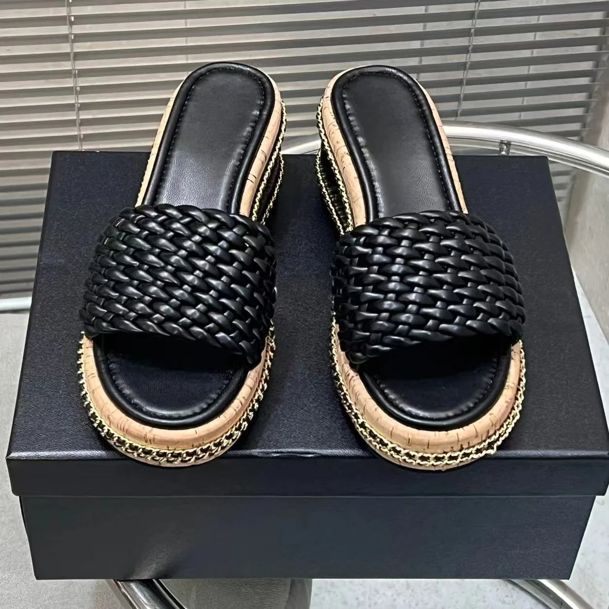 2025 New Arrival Handmade Genuine Leather Open-Toe Wedges Woman Slippers Weave Beach Slides Platform Elevator Shoes Botas Mujer