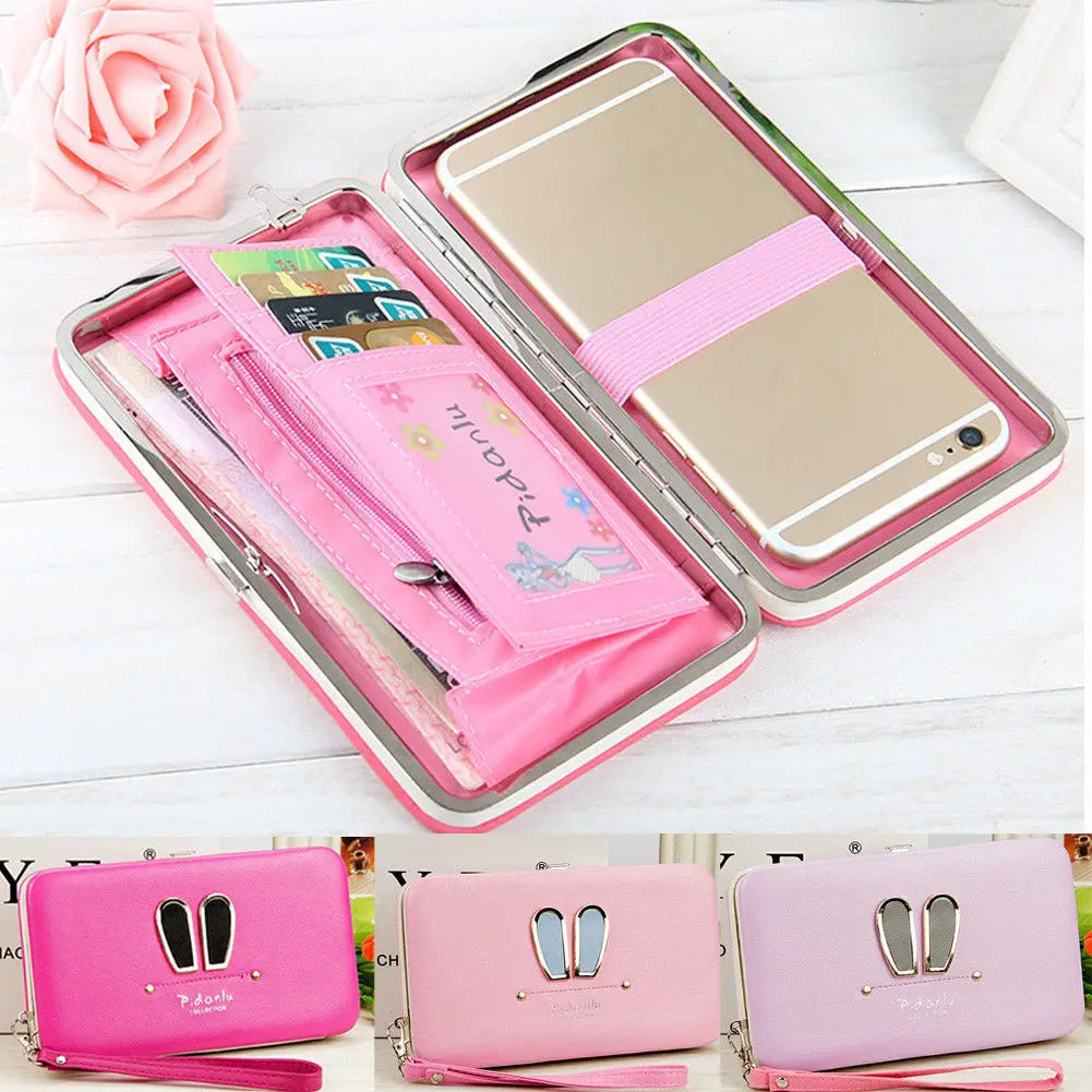 Cartoon Rabbit Ears Women's Cell Phone Box Wallet Credit Card Holder Purse with Wristlet Handbag