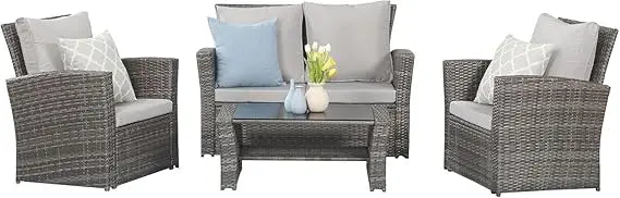 Gray Wicker Outdoor Patio Furniture Set, 4-Piece Conversation Area for Deck, Porch, with Cushioned Sofa Chairs