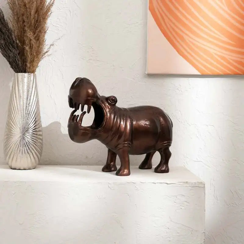 Decorative Happy Hippo Aluminum Figurine with Copper Antique Finish, 14x7x11.5  Unique Animal Sculpture
