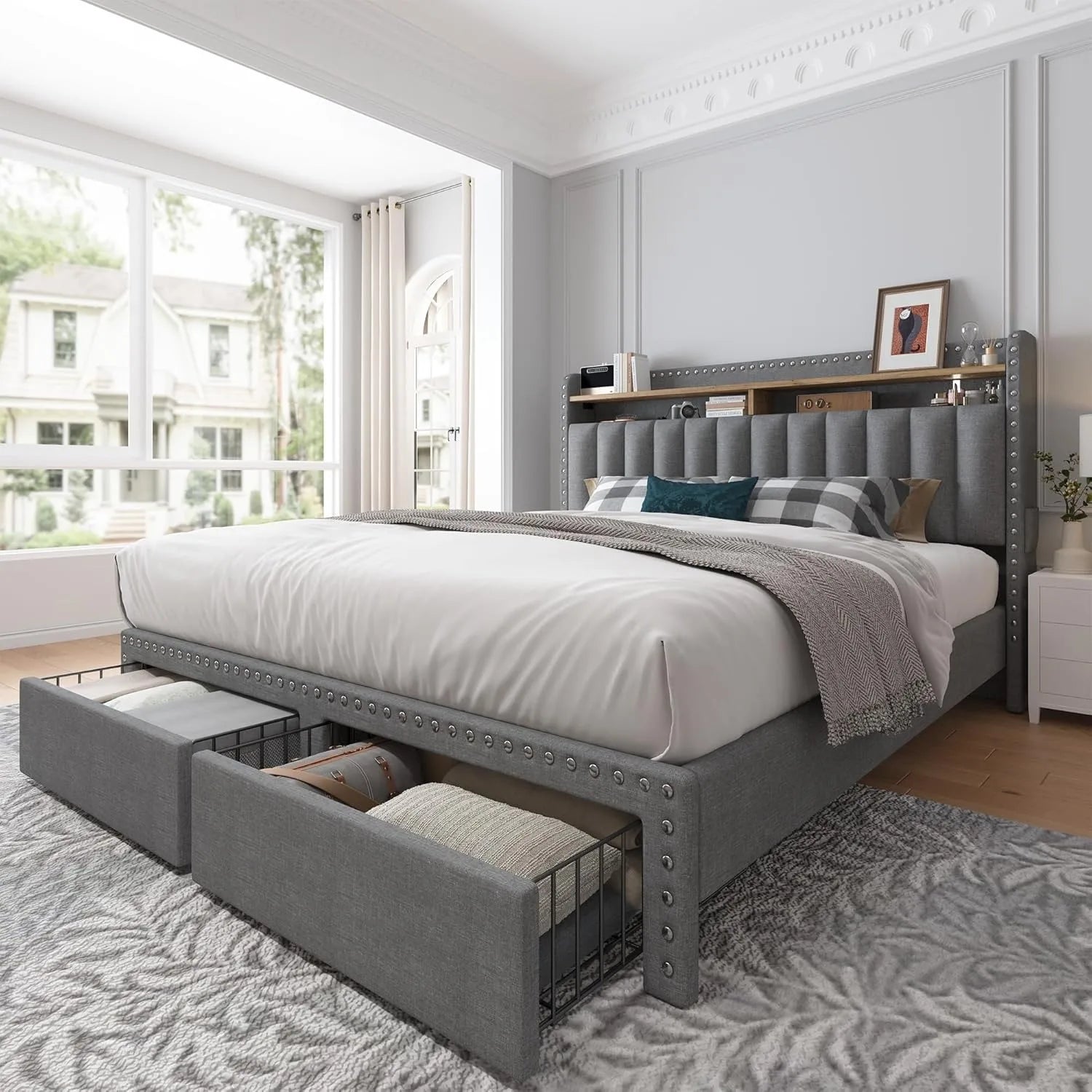 Full size bed frame with headboard and storage space, soft padded full bed frame, gray full bed frame with 2 drawers